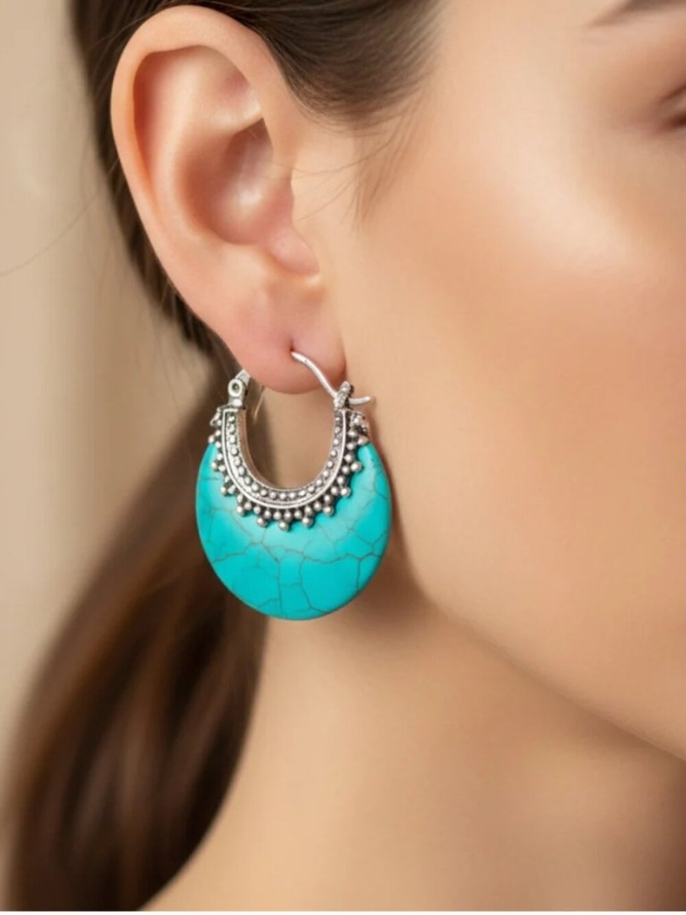 ANTHROPOLOGIE Southwest Turquoise Silver small BOHEMIAN Crescent Hoop Earrings